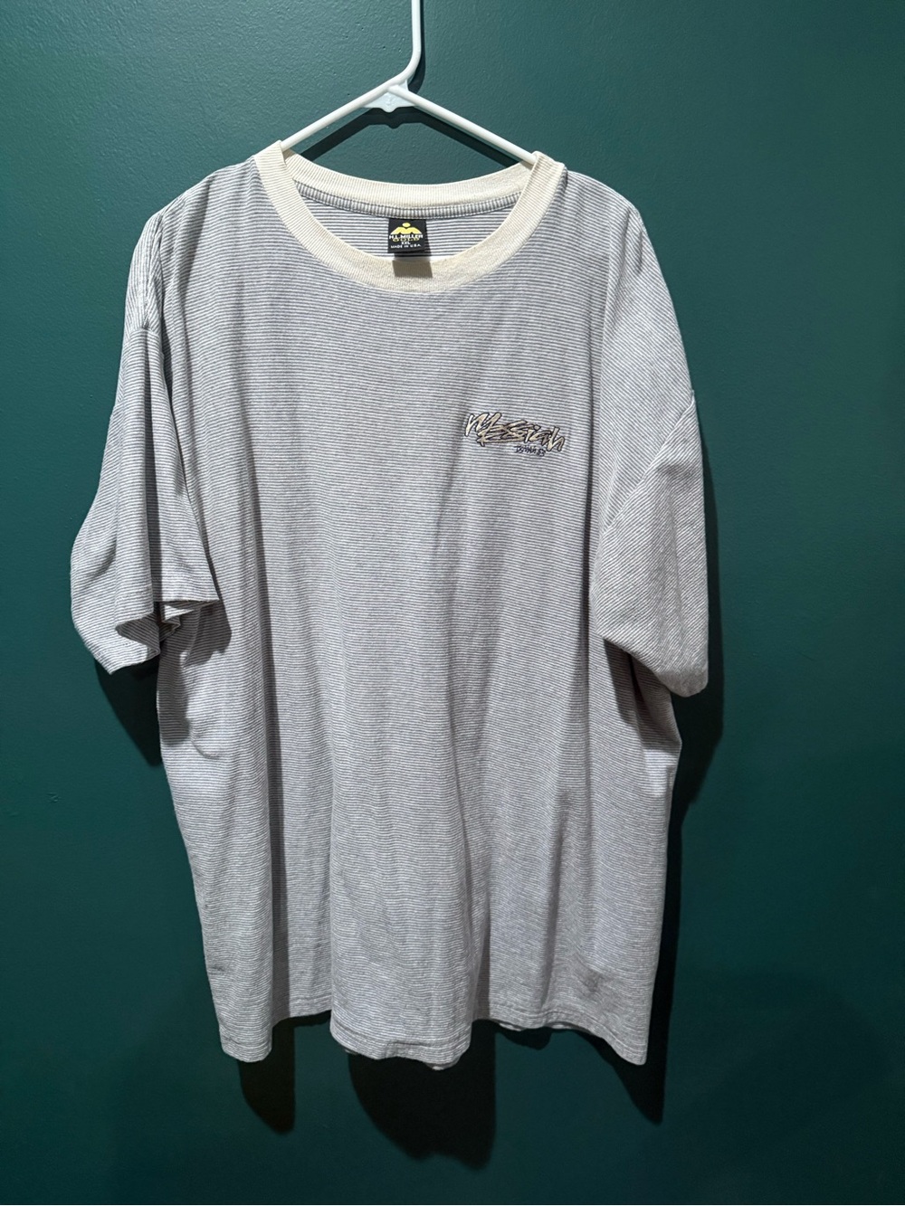 Striped Gray Short-Sleeve Tee with Contrast Cream Collar